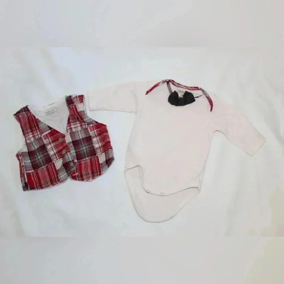 Cachcach Vintage Baby Boy Onsie with red checkered vest & black bowtie 9M Dressy - Picture 7 of 12